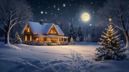 Naklejka premium A serene and enchanting Christmas night scene background featuring a majestic snow