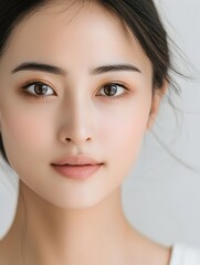 Naklejka premium Enchanting Close up Portrait of Radiant Chinese Woman with Flawless Skin and Captivating Gaze