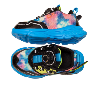 Top view of colorful kids shoes with vibrant shades, on transparent background. Playful, bold design perfect for active children. Modern, trendy look for kids. Fashion, footwear. High angle view.