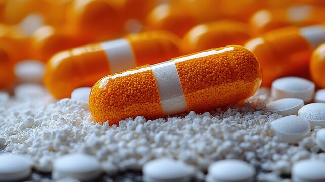 Bright orange capsule surrounded by white tablets and powder on a dark surface showcasing various medication forms