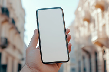 A Smartphone with blank screen in a hand, mockup with blank space Urban landscape background