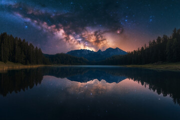 Fototapeta premium Milky Way reflected perfectly in a calm lake