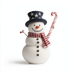 Festive snowman with candy cane, patriotic hat and scarf, cheerful winter decoration.