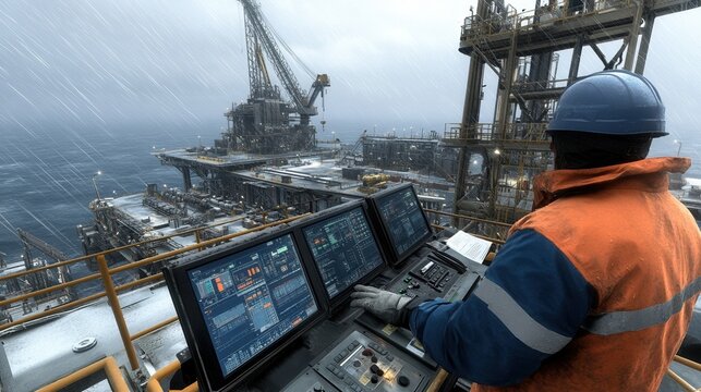 Worker monitors machinery on offshore oil rig in harsh weather conditions.