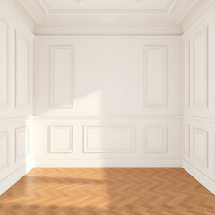 Fototapeta premium Classic interior wall with moldings Floor parquet herringbone Digital illustration3d rendering