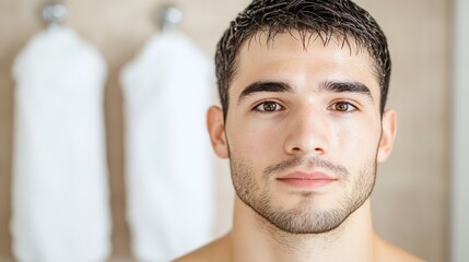 Obraz premium Young man with focused expression, natural light background.
