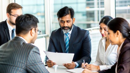 Fototapeta premium Indian Businessman Reviewing Financial Reports with Team 