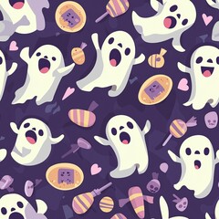 seamless pattern of cute ghosts making silly faces while surrounded by Halloween treats