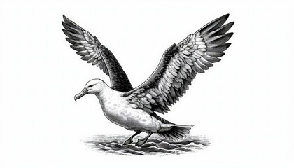 albatross with wings spread, showcasing fine feather details in vintage engraving style. Black and white image.