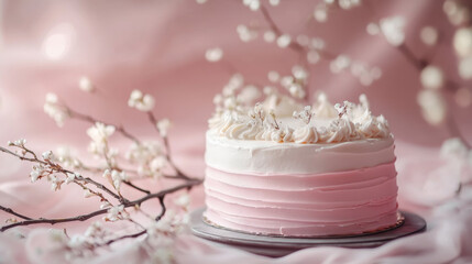 Fototapeta premium Pink layered cake with floral decorations on pastel background