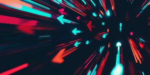 The image features a dynamic array of flying digital arrows, energetically moving through a current against a dark background, creating a sense of motion and technological depth.