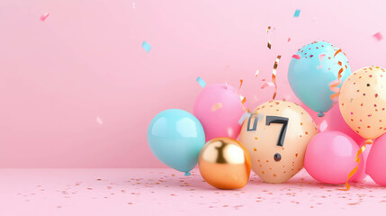 Pink Celebration Balloons & Confetti: 7th Birthday or Anniversary 