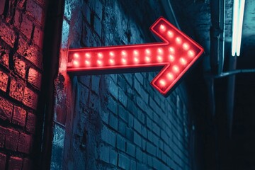 The image depicts a vibrant red arrow sign mounted on a wall, with little light bulbs illuminating its edges, creating a charming and inviting glow.