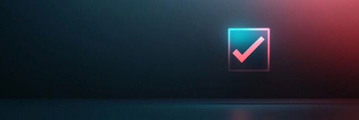 The image depicts a digital check sign enclosed in a glowing box, floating above a surface that reflects light, set against a minimalistic gradient background.