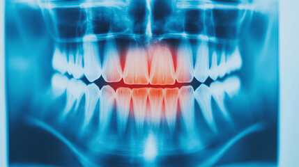 A detailed x-ray of human teeth showing dental structure and possible cavities. The image primarily focuses on the front teeth for clarity.