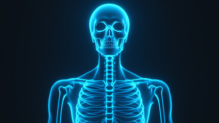 A glowing blue skeletal figure against a dark background, showcasing detailed anatomy and structure of the human skeletal system.