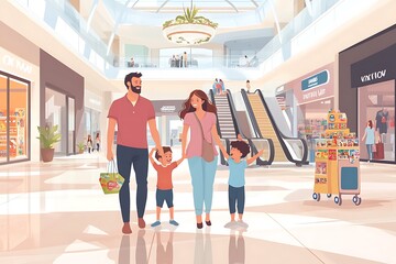 Flat illustration of a family couple walking leisurely in a mall and shopping center. Casual shopping enjoying a holiday and shopping for food needs