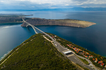 Aerial view of Krk bridge which connects island Krk with the mainland, Croatia 