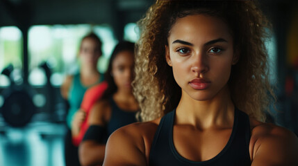 Fototapeta premium Focused young women in fitness class, diverse backgrounds
