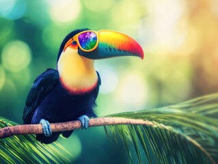 Fototapeta premium A vibrant toucan with sunglasses perched on a branch, surrounded by lush greenery, showcasing its colorful beak and playful attitude.