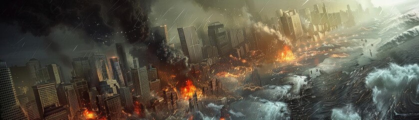 Fototapeta premium Visualize the chaos of disaster scenes with detailed 3D renders of natural and manmade calamities