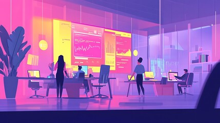 modern office with flower vase, worker at work desk with comfortable room design