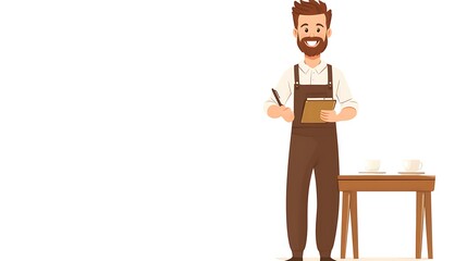 Flat illustration of a young waiter wearing neat clothes and carrying a food menu and dishes on a white background for illustrations of employees, waiters and restaurant or cafe workers
