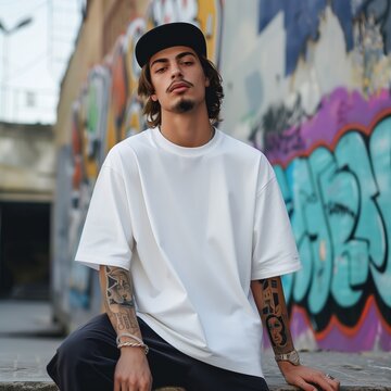 Urban street vibes, white tshirt mock up. Cool guy in white oversized shirt. Youth, teenager, student young male model posing against graffiti background. Blank crewneck tee mockup. 