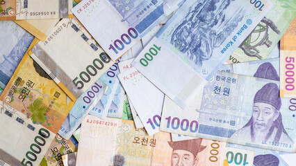 South Korean won banknotes cash money currency, South Korean won official Korean Republic won cash money official currency bills banknotes money.