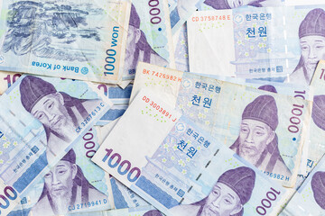 South Korean won banknotes cash money currency, South Korean won official Korean Republic won cash money official currency bills banknotes money.
