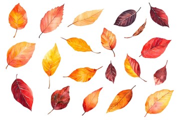 Obraz premium Vibrant Watercolor Autumn Leaves Scattered on White Background