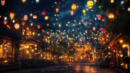 Enchanting Nightscape of Vibrant Lanterns Illuminating a Picturesque Street in a Festive Atmosphere