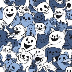 seamless pattern of smiling ghosts surrounded by playful kittens and puppies