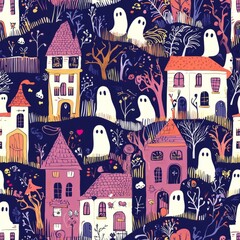 seamless pattern of tiny ghosts exploring a whimsical haunted house filled with fun surprises