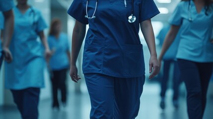 Fototapeta premium Close-up of a doctora??s dark blue uniform, walking confidently with the group in the background.