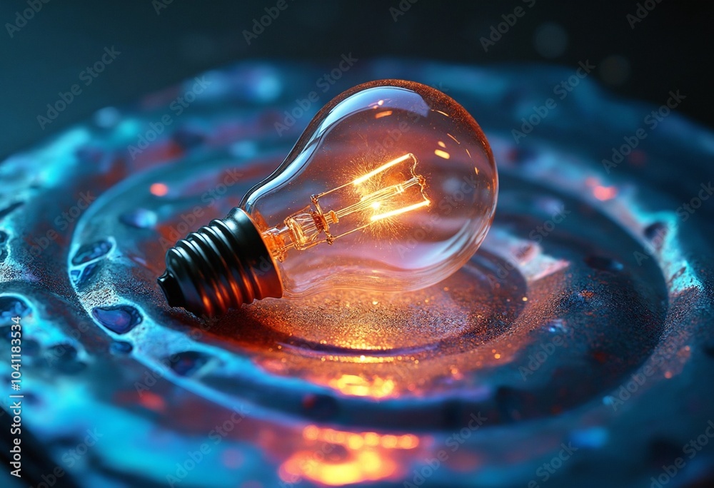 Aufkleber A single lightbulb, illuminated from within, rests upon a swirling symphony of iridescent liquid, creating a dynamic spectacle of color and form