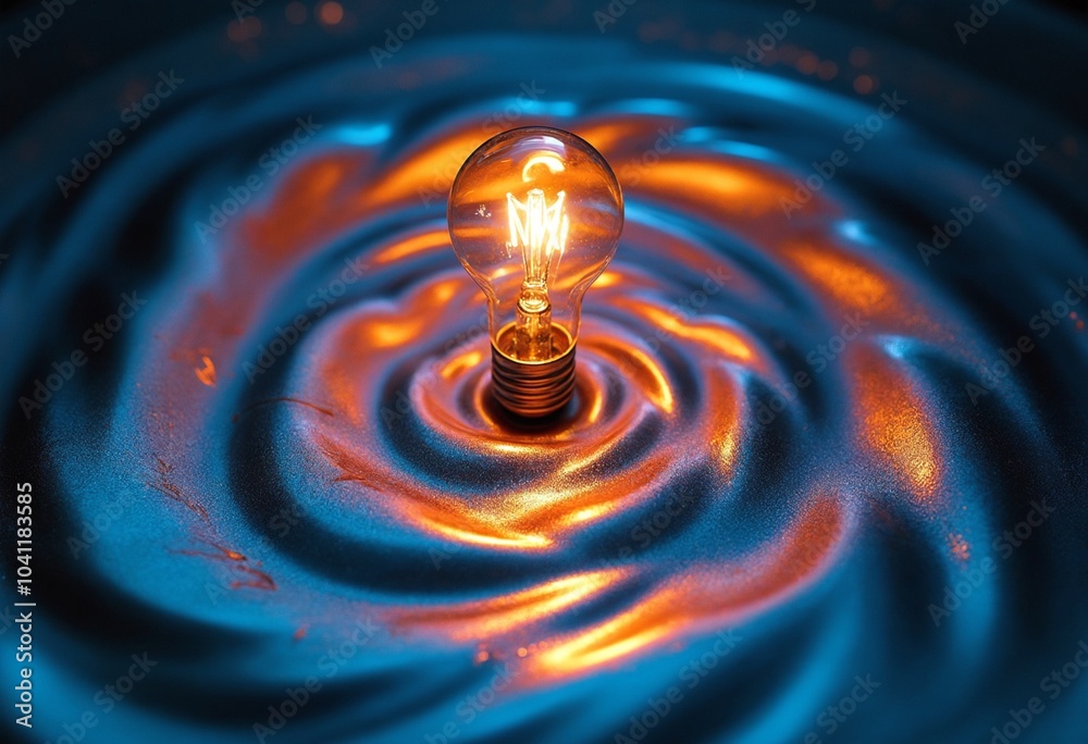 Aufkleber A single lightbulb, illuminated from within, rests upon a swirling symphony of iridescent liquid, creating a dynamic spectacle of color and form