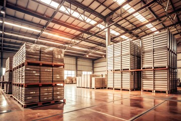 A cold storage warehouse with thick metal walls, no insulation, large open space with stacked materials, minimalist industrial design