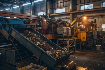 Industrial machines at work in a waste recycling plant, processing discarded materials.