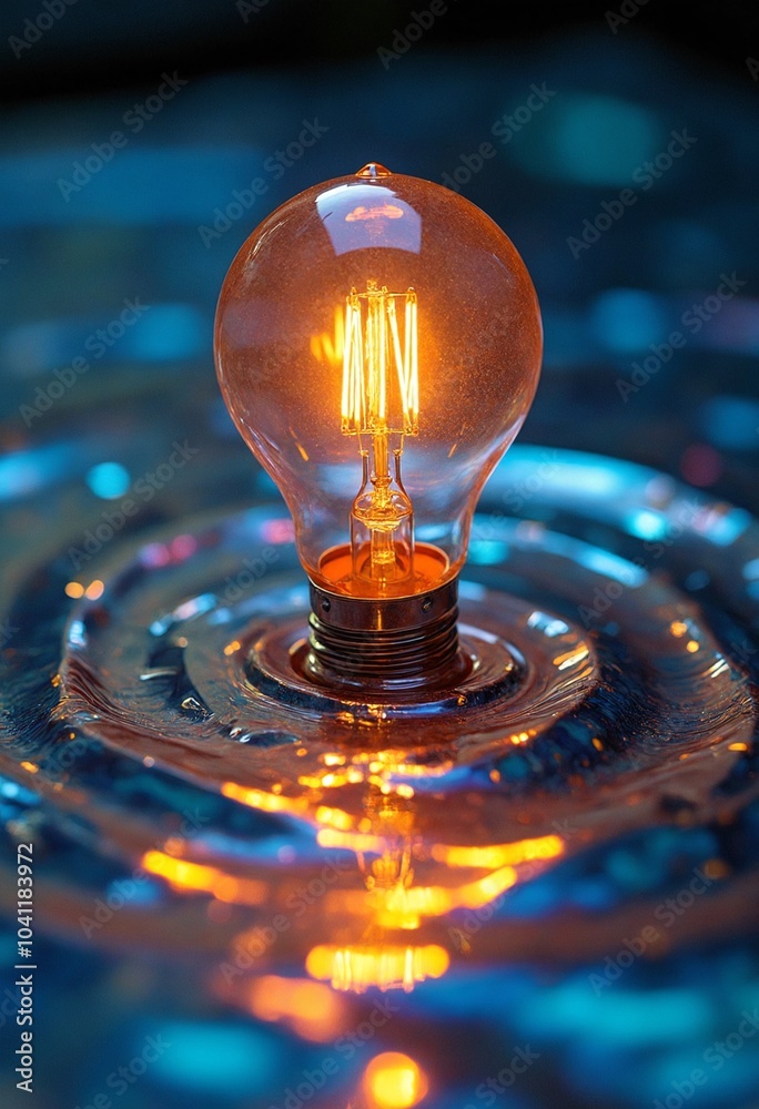 Aufkleber A single lightbulb, illuminated from within, rests upon a swirling symphony of iridescent liquid, creating a dynamic spectacle of color and form