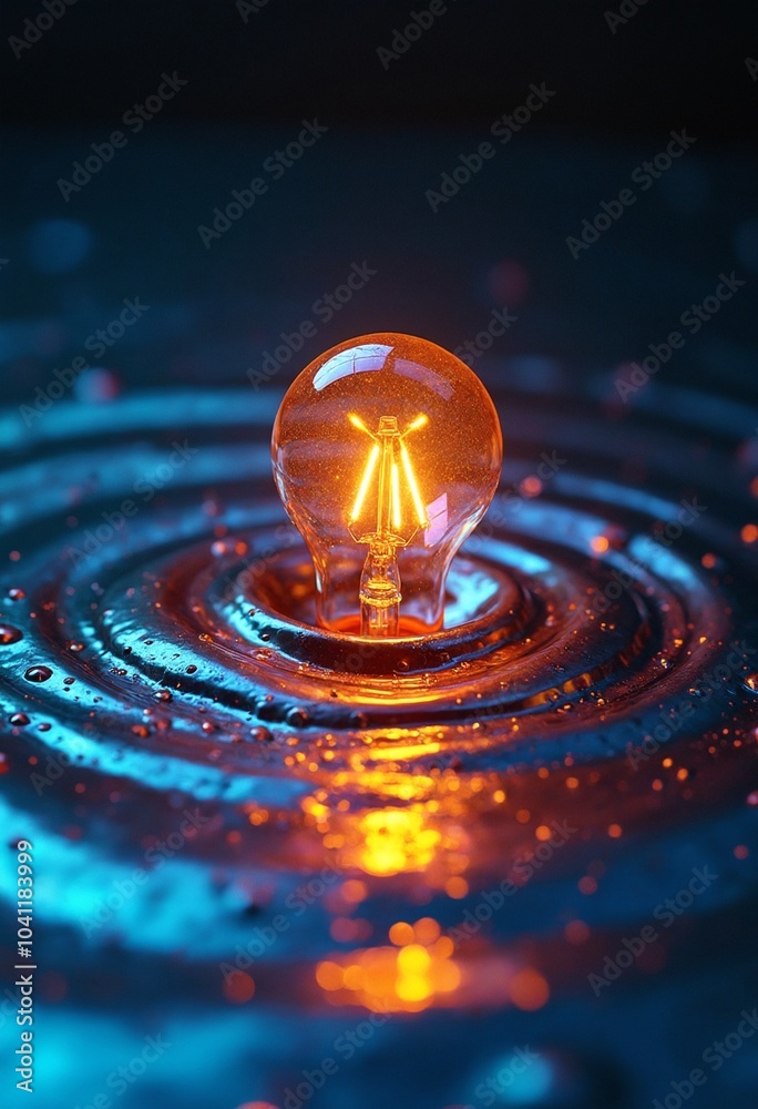 Aufkleber A single lightbulb, illuminated from within, rests upon a swirling symphony of iridescent liquid, creating a dynamic spectacle of color and form