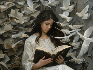 Woman Reading a Book Surrounded by Doves