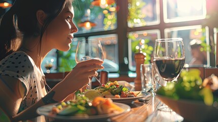 Cropped image of woman having food at restaurant table background
