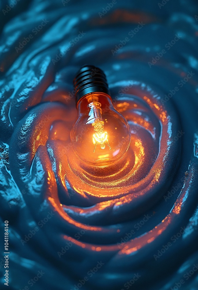 Aufkleber A single lightbulb, illuminated from within, rests upon a swirling symphony of iridescent liquid, creating a dynamic spectacle of color and form