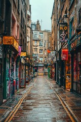 Fototapeta premium Narrow Cobblestone Alleyway in a City with Graffiti and Shops