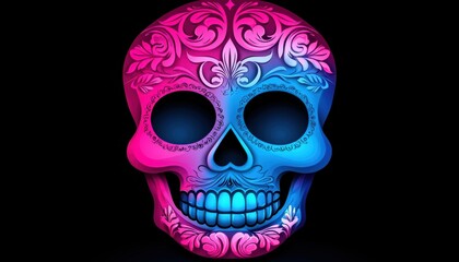 Bright glowing sugar skull with intricate swirls, neon pink and blue, dark background