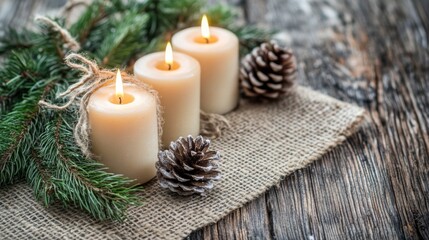 Rustic Candles and Pinecones on Wooden Background