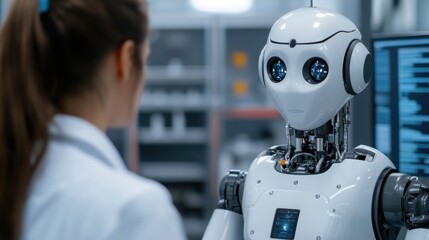 An AIpowered robotic assistant helping a scientist in a hightech lab, symbolizing the future of research and innovation