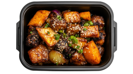 Vibrant tteokbokki with fish cakes and vegetables in black tray for culinary arts and food photography - transparent background png