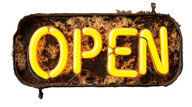 Vintage neon open sign – rustic aesthetic for retail design and marketing - transparent background png